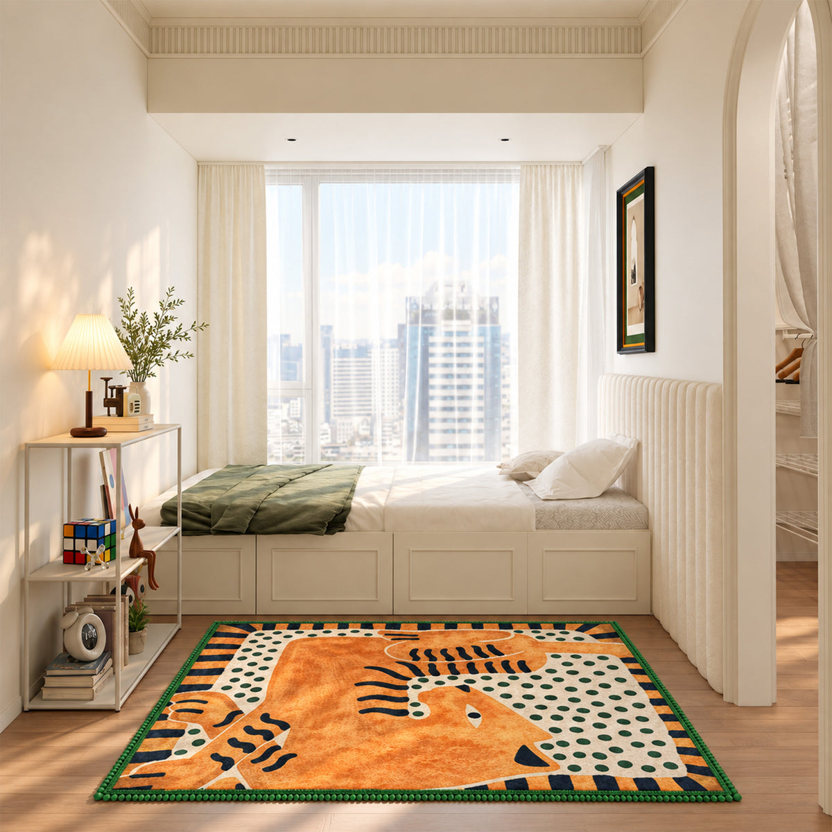 Green Pom‑Pom Border Art Orange Cat Rug