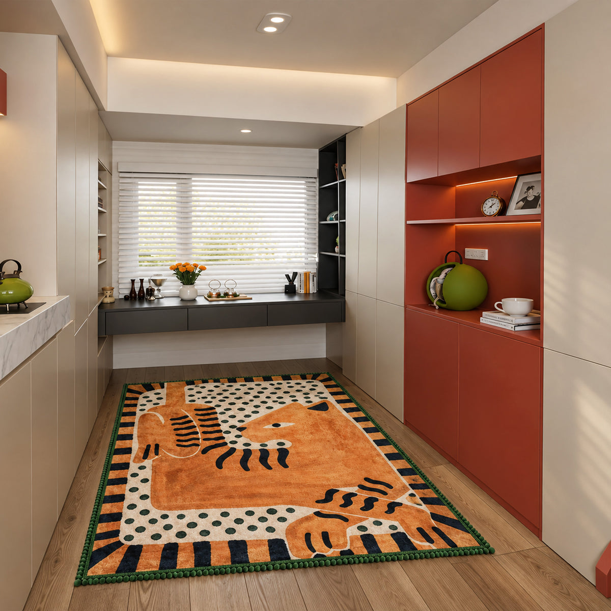 Green Pom‑Pom Border Art Orange Cat Rug