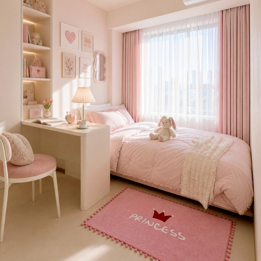 Pink Pom‑Pom Border Princess Crown Rug