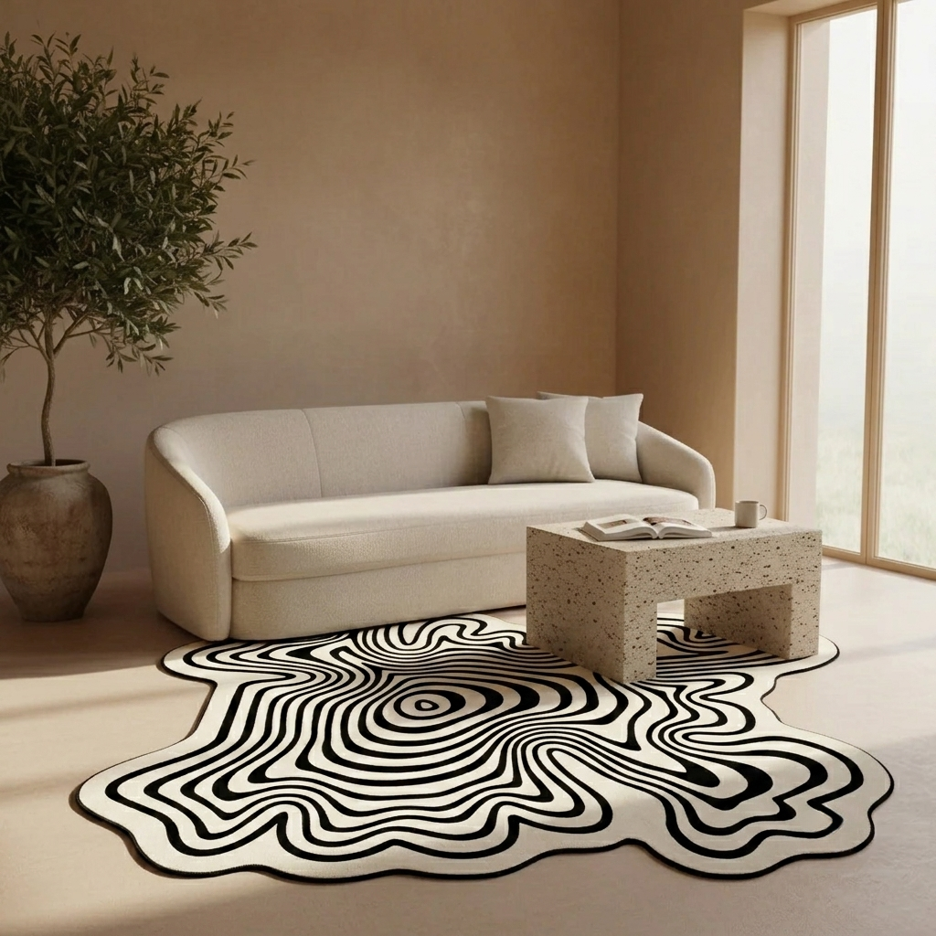 Zyla Cream Ivory Jet Black Swirl Contour Rug