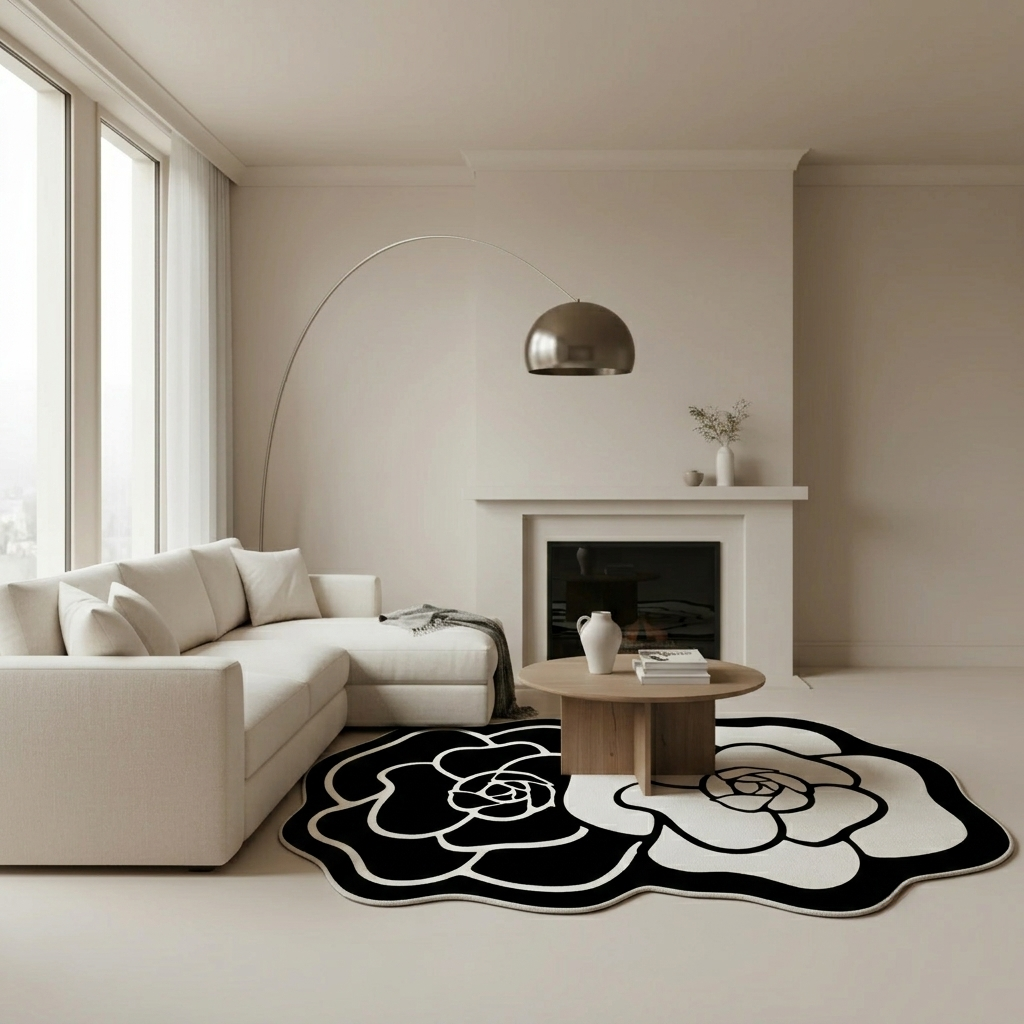 Jana Black White Dual Camellia Horizontal Rug