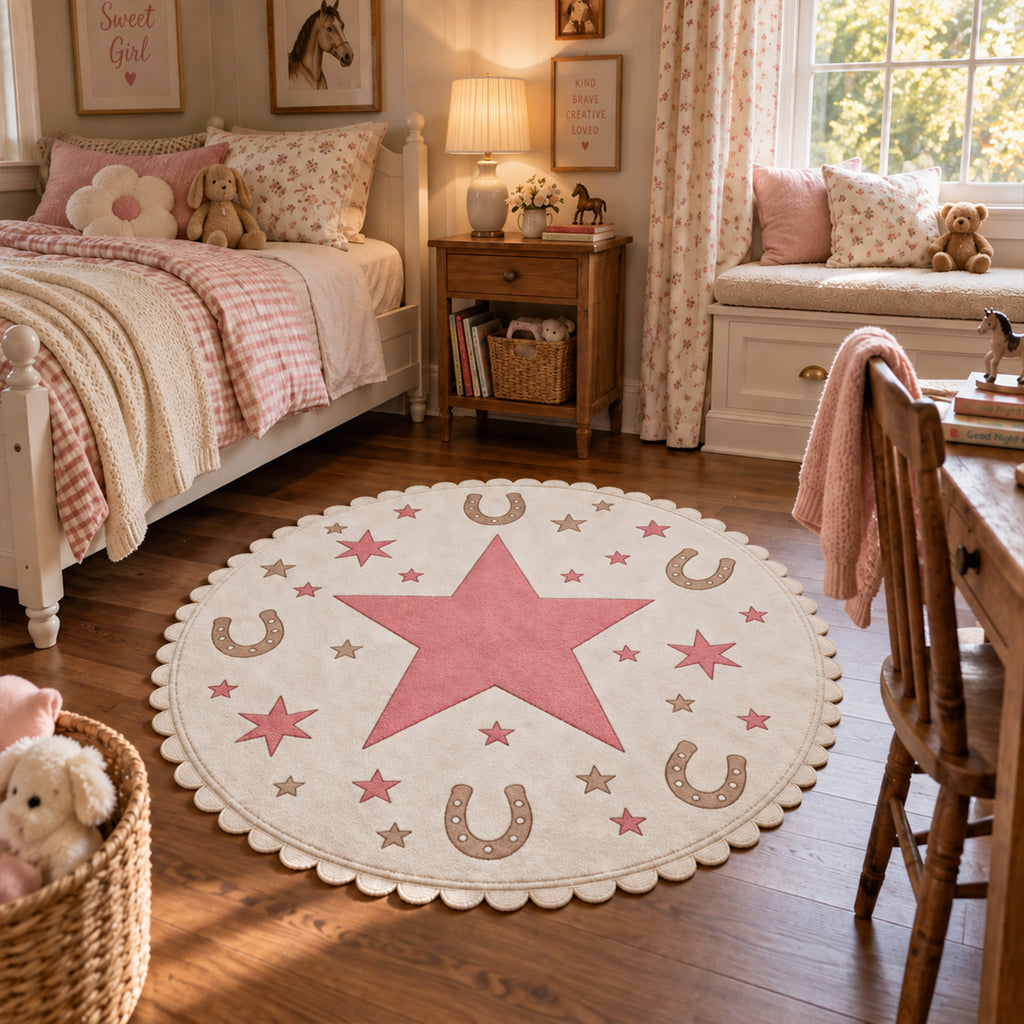 Scalloped Wavy Border Pink Star Round Rug