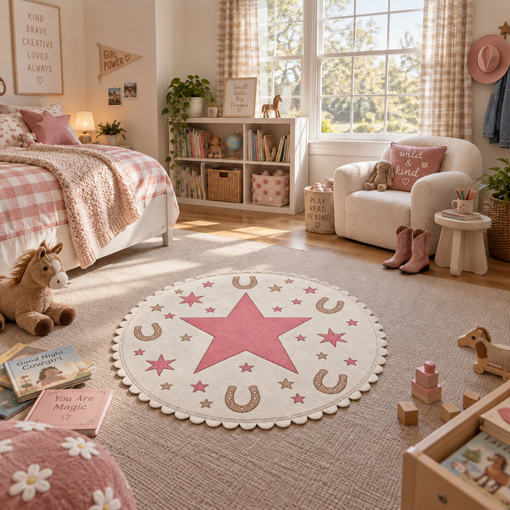 Scalloped Wavy Border Pink Star Round Rug