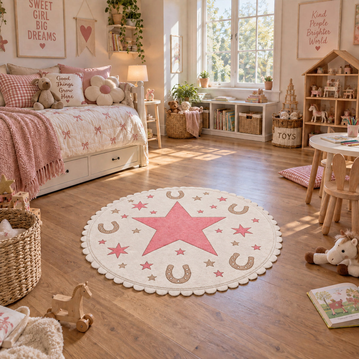 Scalloped Wavy Border Pink Star Round Rug