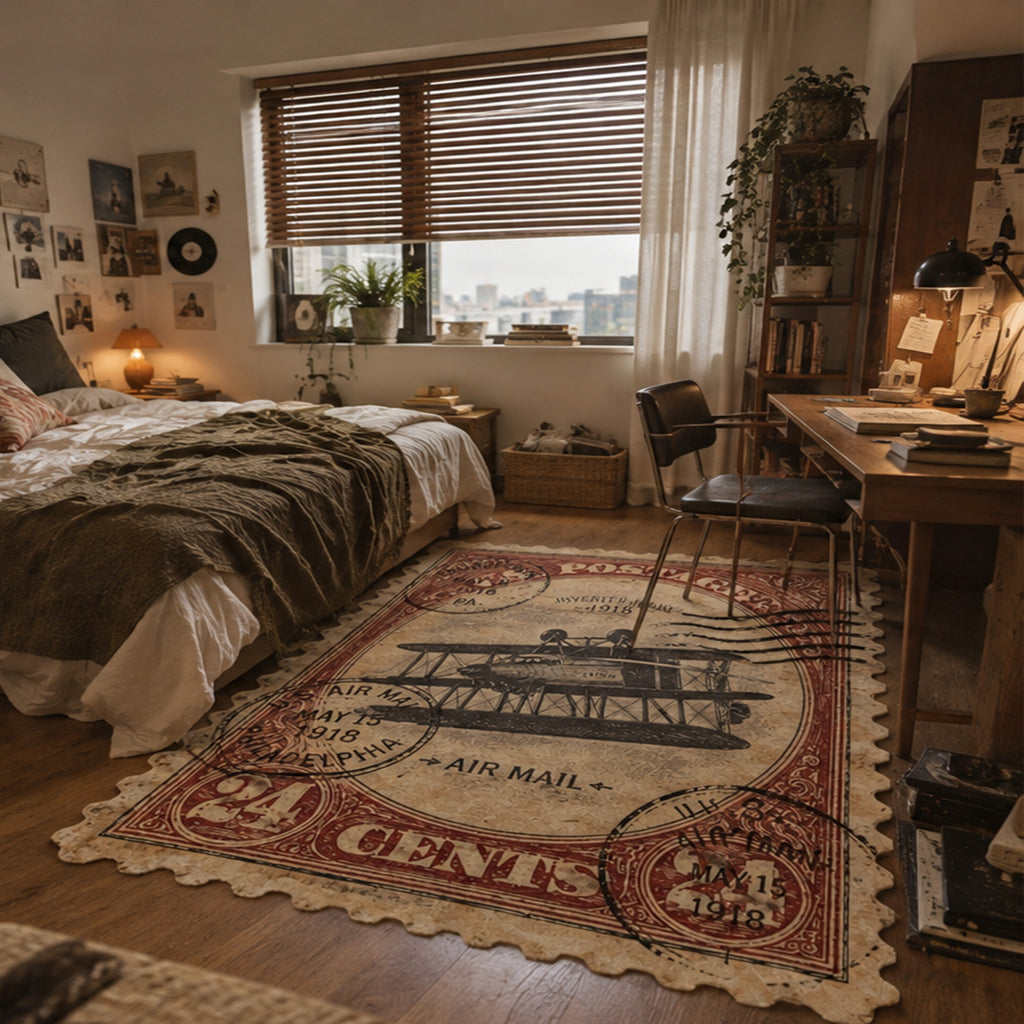 Red Vintage Postage Stamp Rug