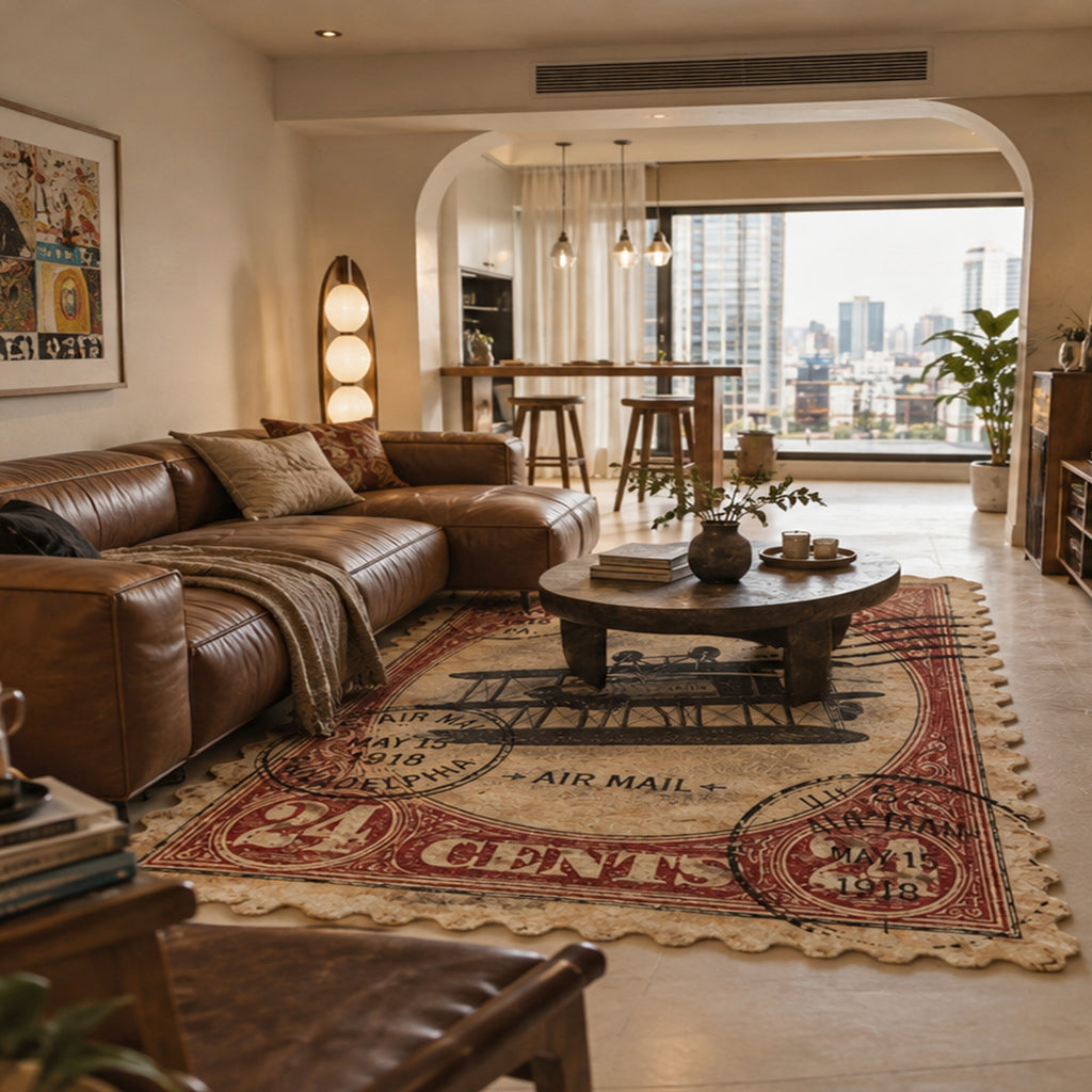 Red Vintage Postage Stamp Rug