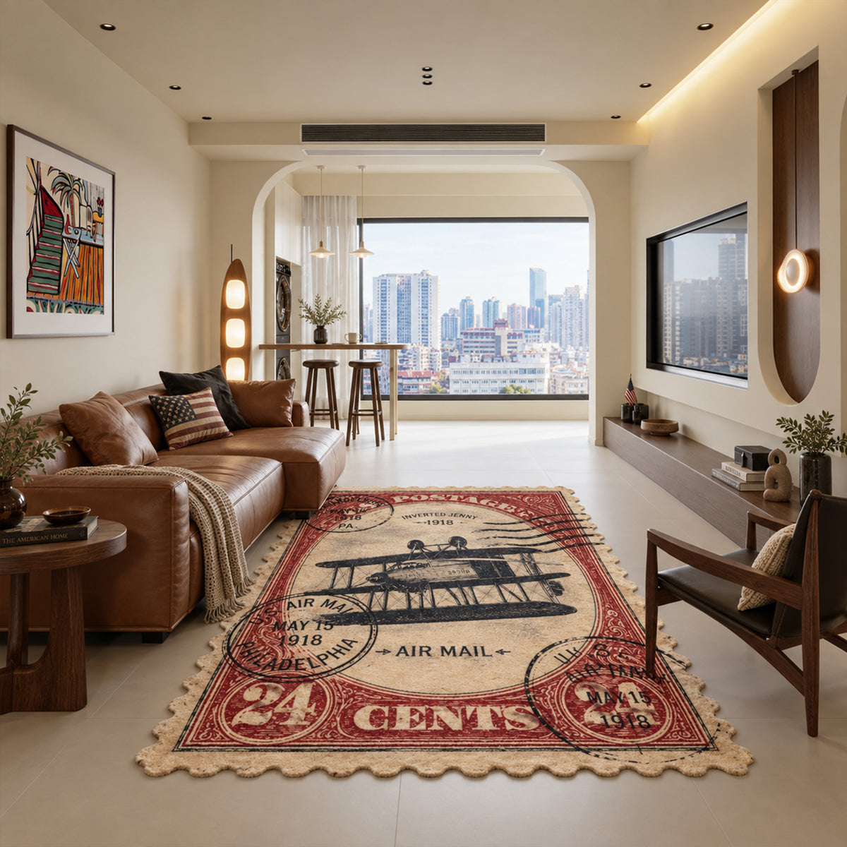 Red Vintage Postage Stamp Rug