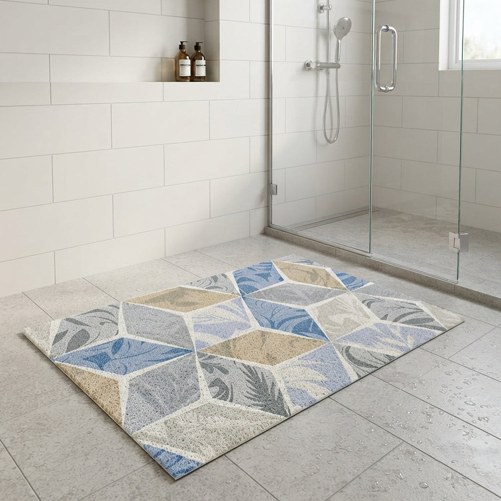 Blue Beige Leaf Hexagon Geometric Coil Bath Mat