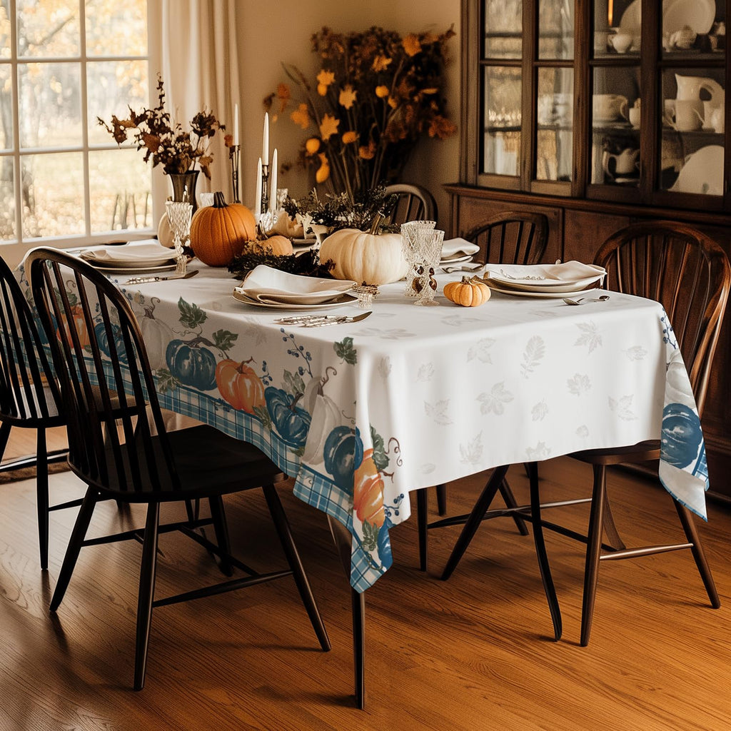 Blue Plaid Watercolor Pumpkin Tablecloth