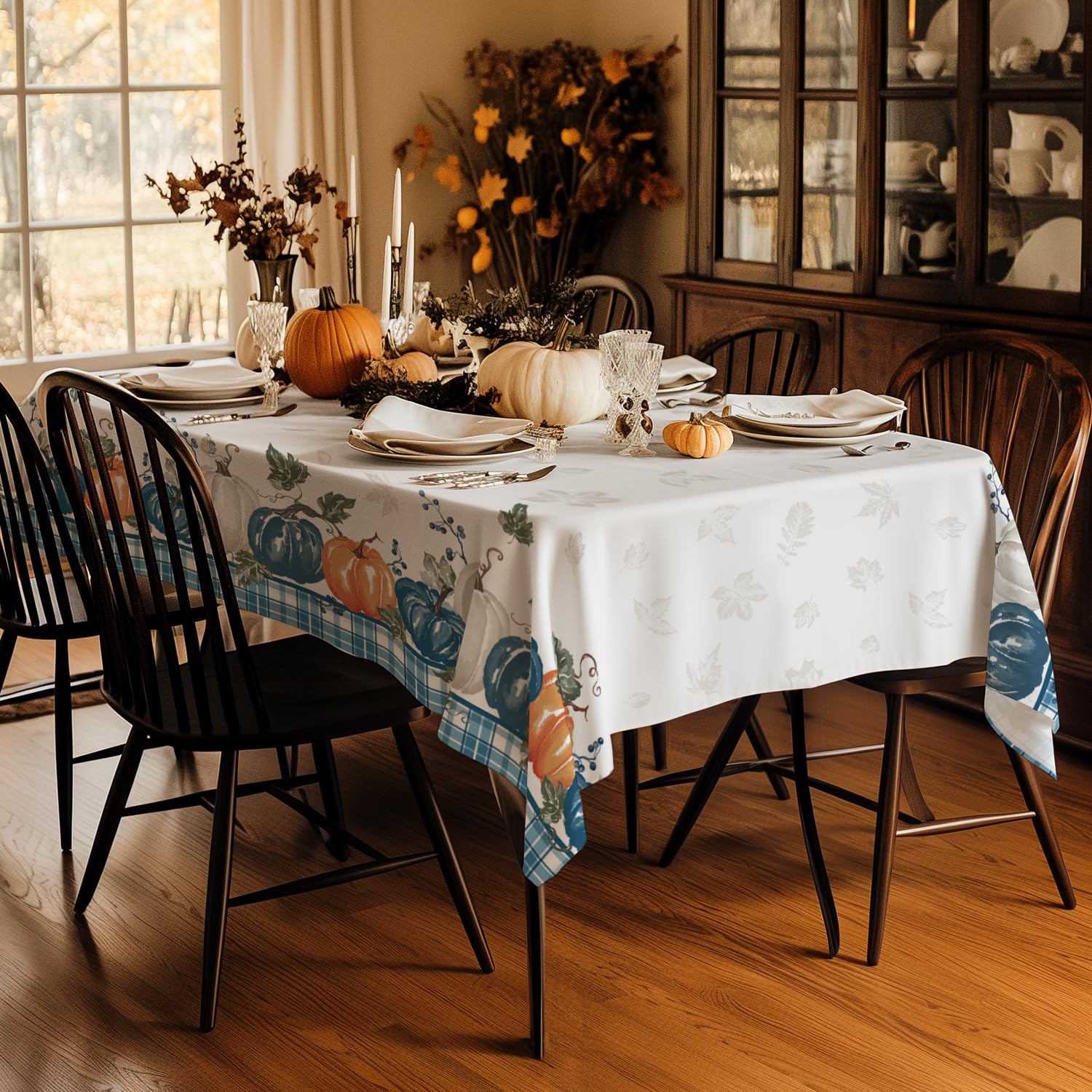 Blue Plaid Watercolor Pumpkin Tablecloth
