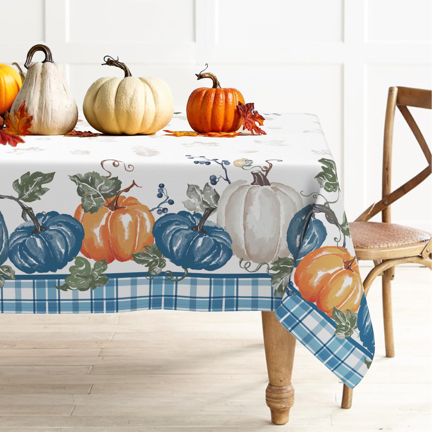 Blue Plaid Watercolor Pumpkin Tablecloth