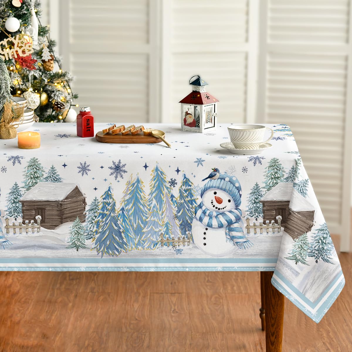 Blue Snowman Winter Forest Christmas Tablecloth