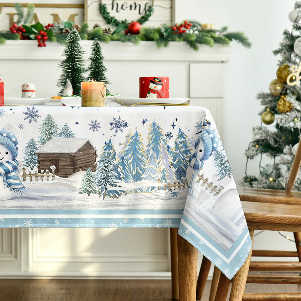 Blue Snowman Winter Forest Christmas Tablecloth