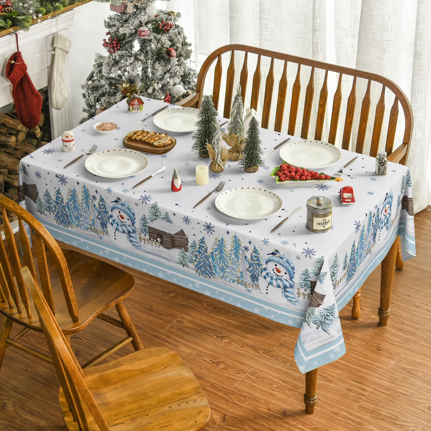 Blue Snowman Winter Forest Christmas Tablecloth