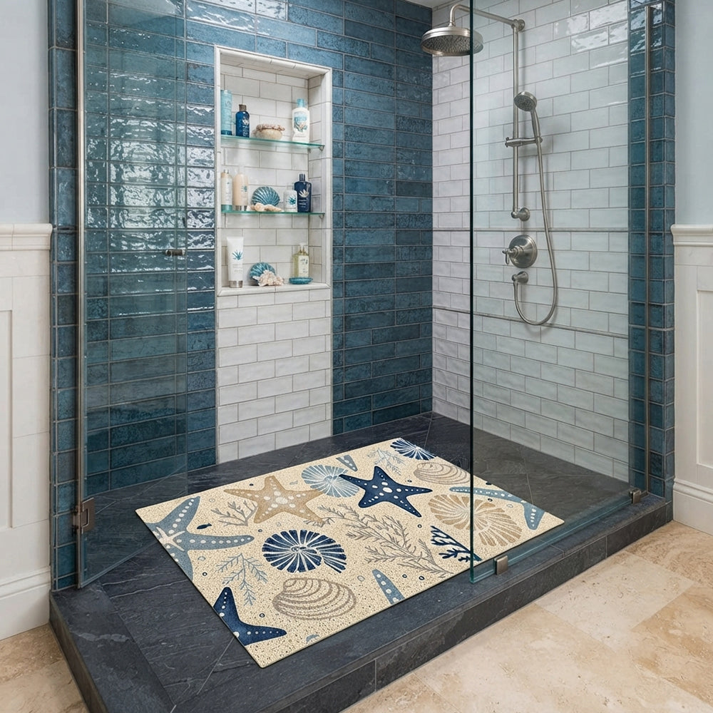 Blue Beige Starfish Shell Coral Coil Bath Mat