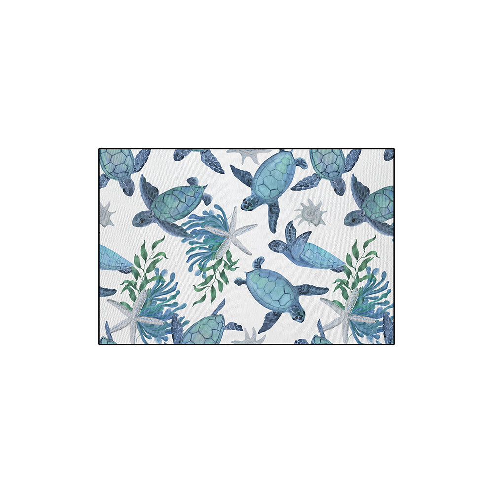 Blue Watercolor Sea Turtle Starfish Coil Bath Mat