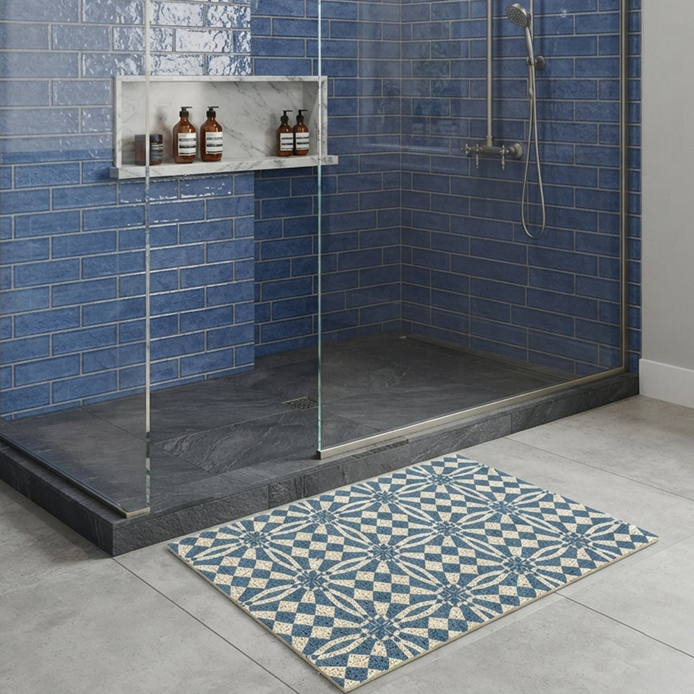 Blue White Symmetrical Floral Diamond Tile Coil Bath Mat