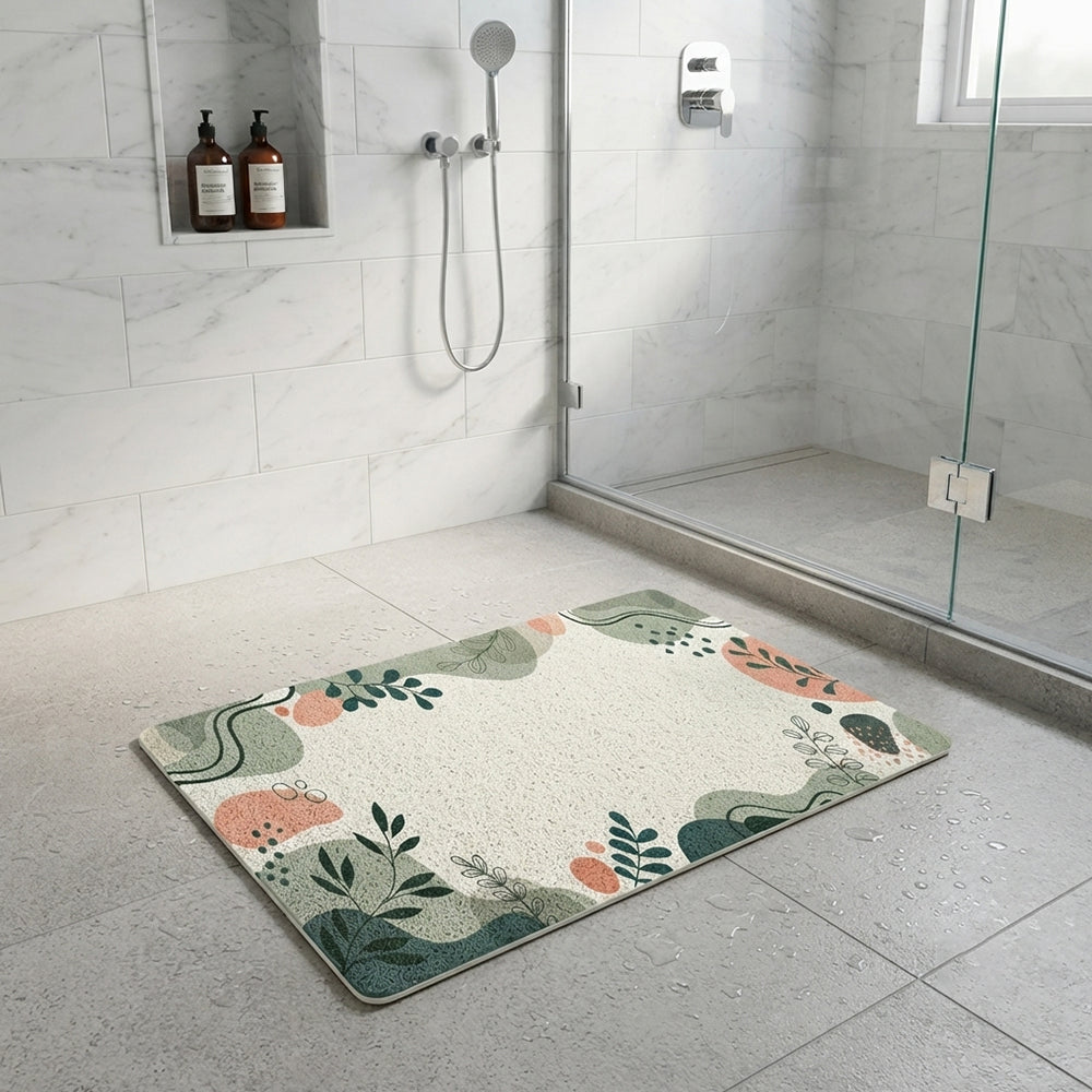 Boho Abstract Green Leaf Border Coil Bath Mat