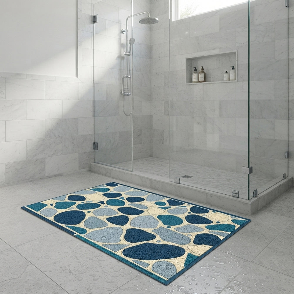 Bordered Multi Shade Blue Pebble Terrazzo Coil Bath Mat