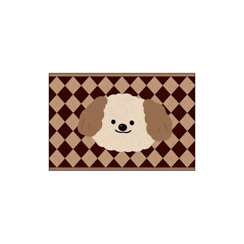 Brown Diamond Check Peeking Puppy Coil Entrance Mat