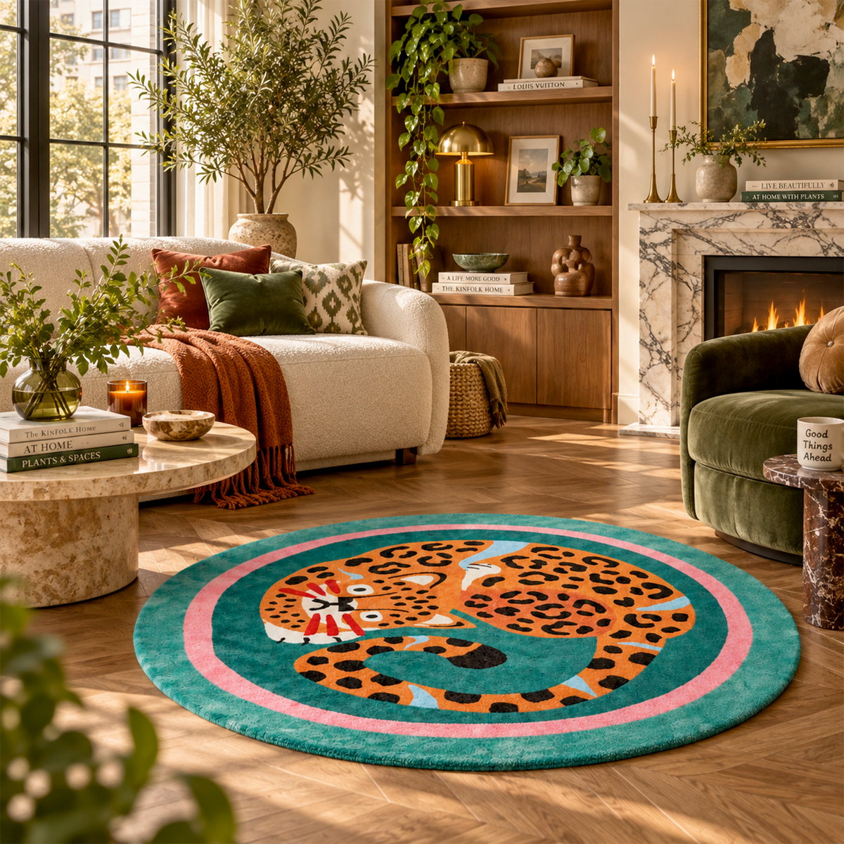 Joren Teal Green Tangerine Round Rug