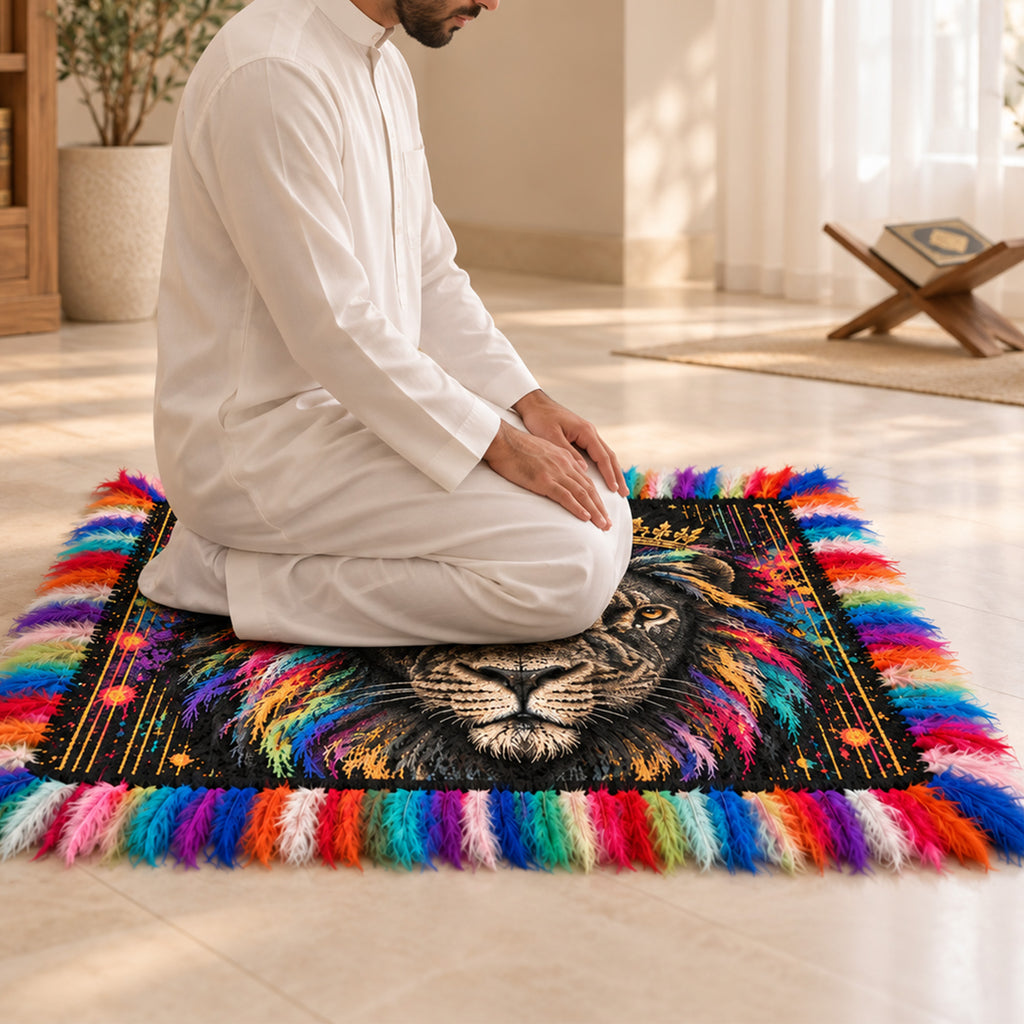 Colorful Feather Border Crowned Lion Square Rug