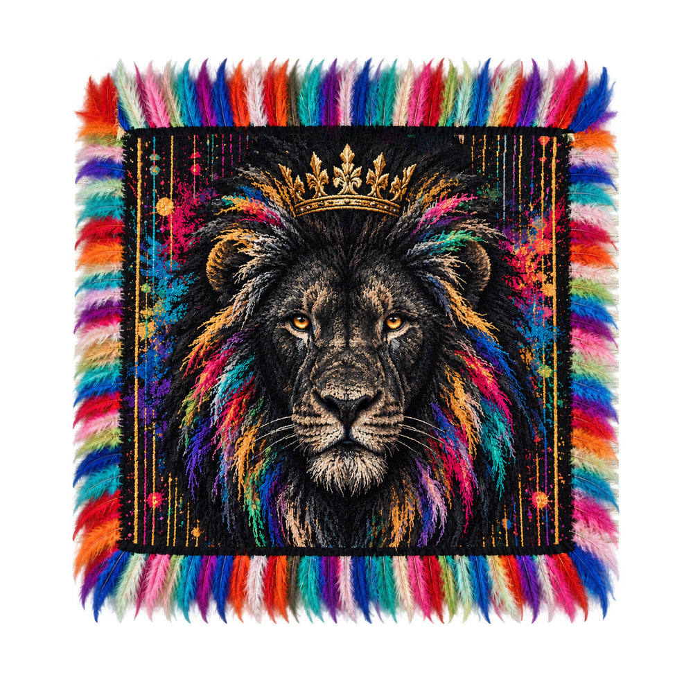 Colorful Feather Border Crowned Lion Square Rug