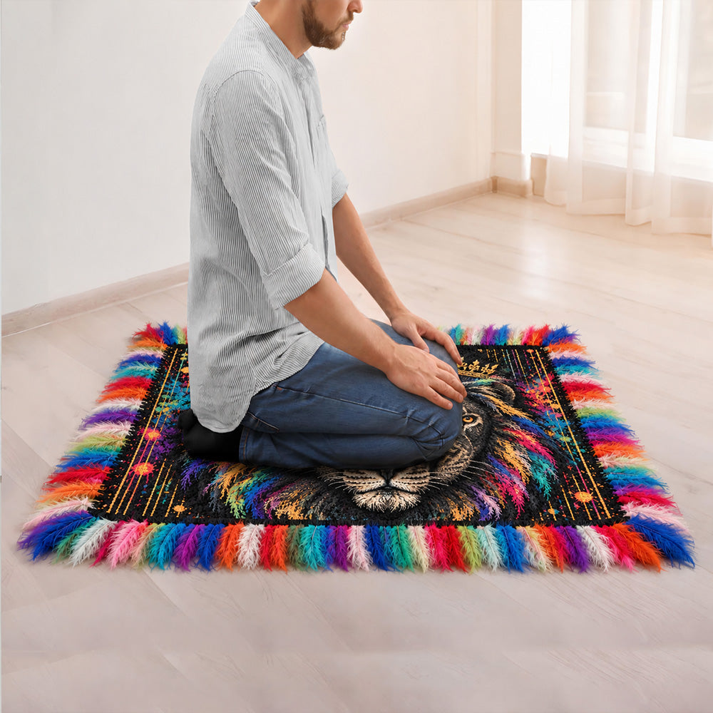 Colorful Feather Border Crowned Lion Square Rug