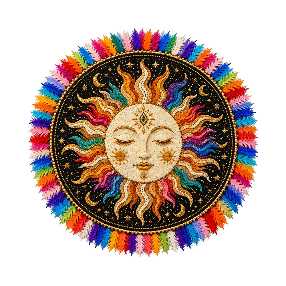 Colorful Feather Border Sun Face Celestial Rug