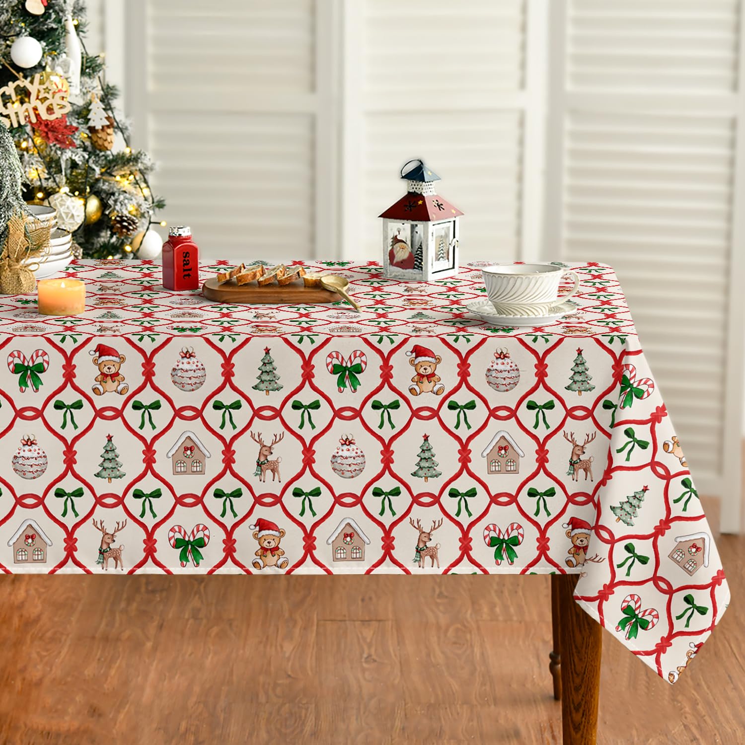 Cute Teddy Bear Lattice Christmas Tablecloth