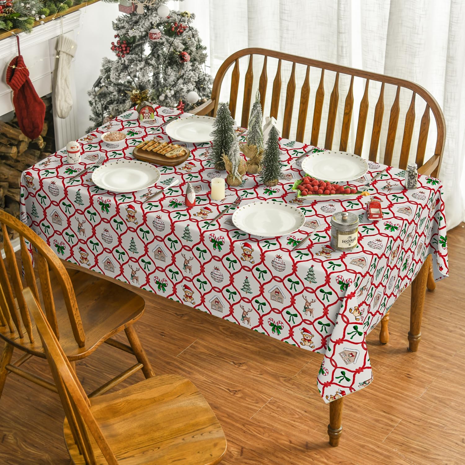 Cute Teddy Bear Lattice Christmas Tablecloth