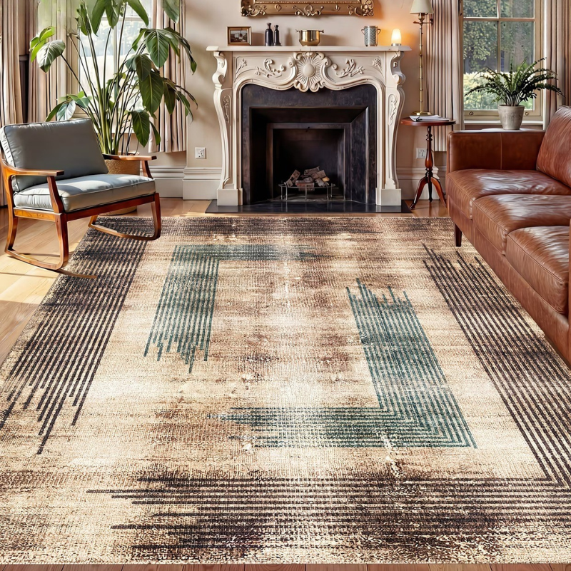 Darien Cream Umber Teal Layered Linear Rug
