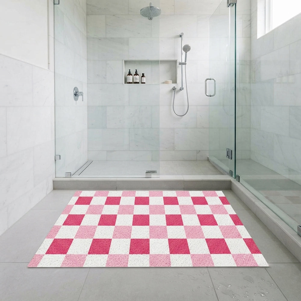 Double Light Hot Pink Checkerboard Coil Bath Mat