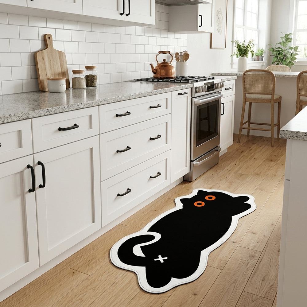 Elowyn Jet Black Orange Eye Lazy Cat Rug 2x5 ft