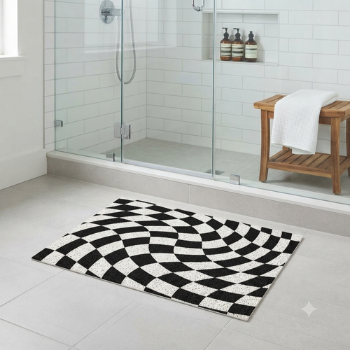 Black White Psychedelic Checkerboard Coil Bath Mat