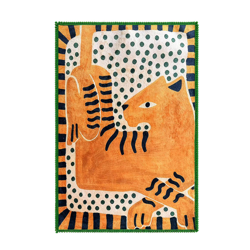 Green Pom‑Pom Border Art Orange Cat Rug