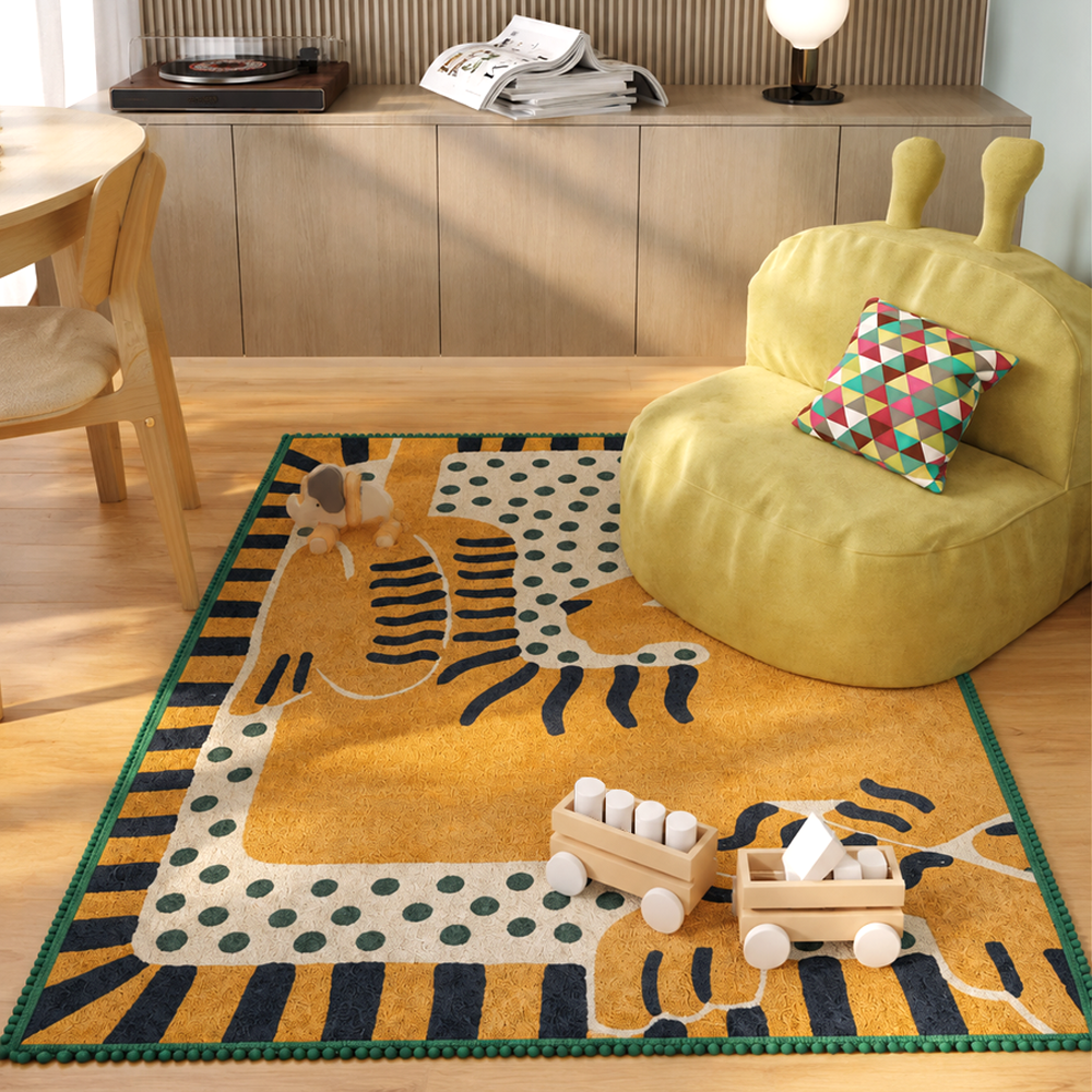 Green Pom‑Pom Border Art Orange Cat Rug
