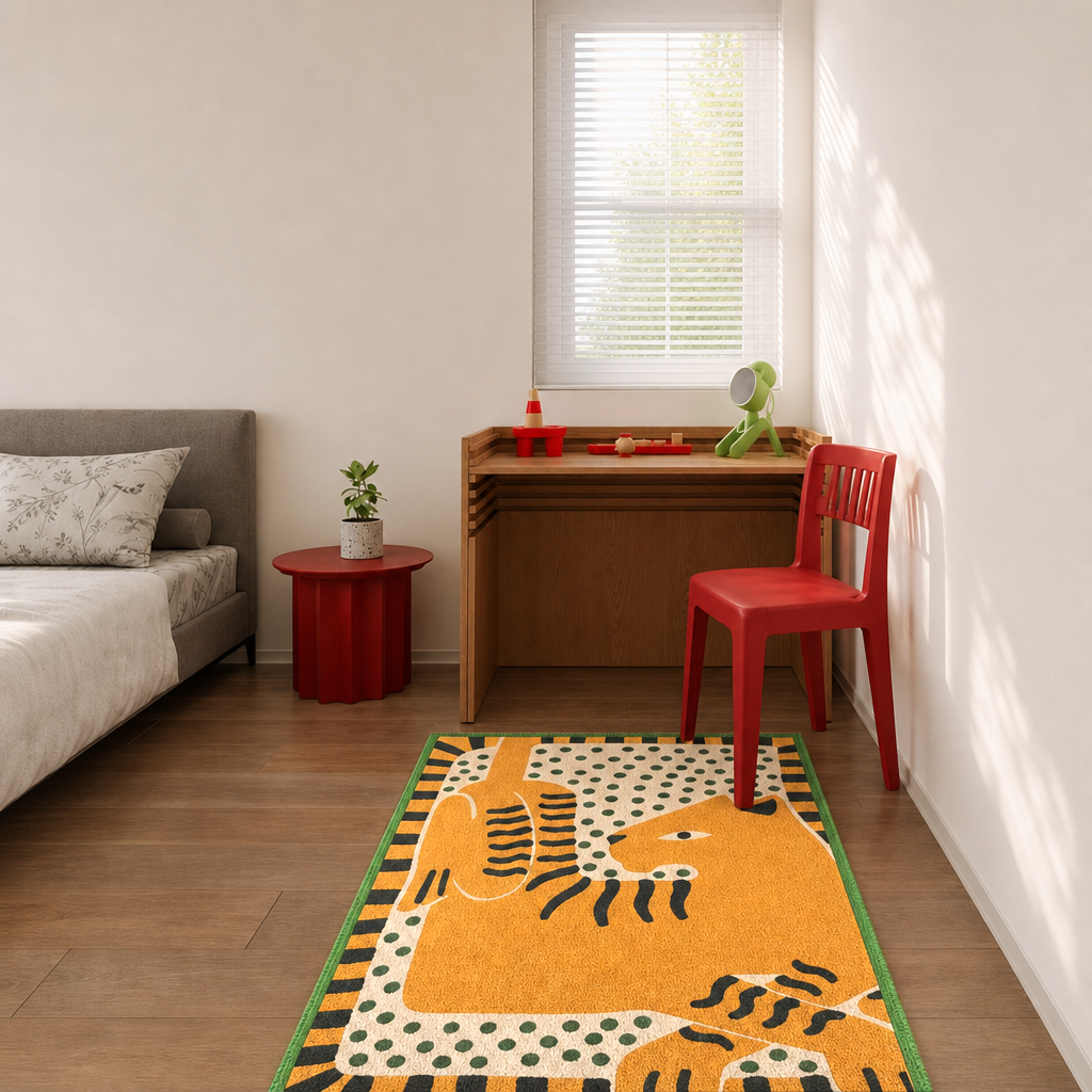 Green Pom‑Pom Border Art Orange Cat Rug
