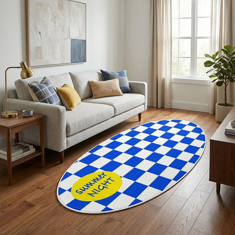 Huda Royal Blue White Checkerboard Oval Rug