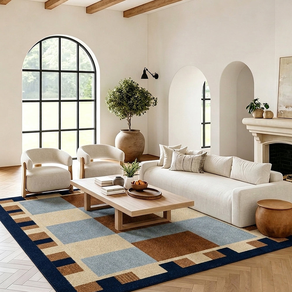 Kaelis Cream Slate Navy Block Grid Rug
