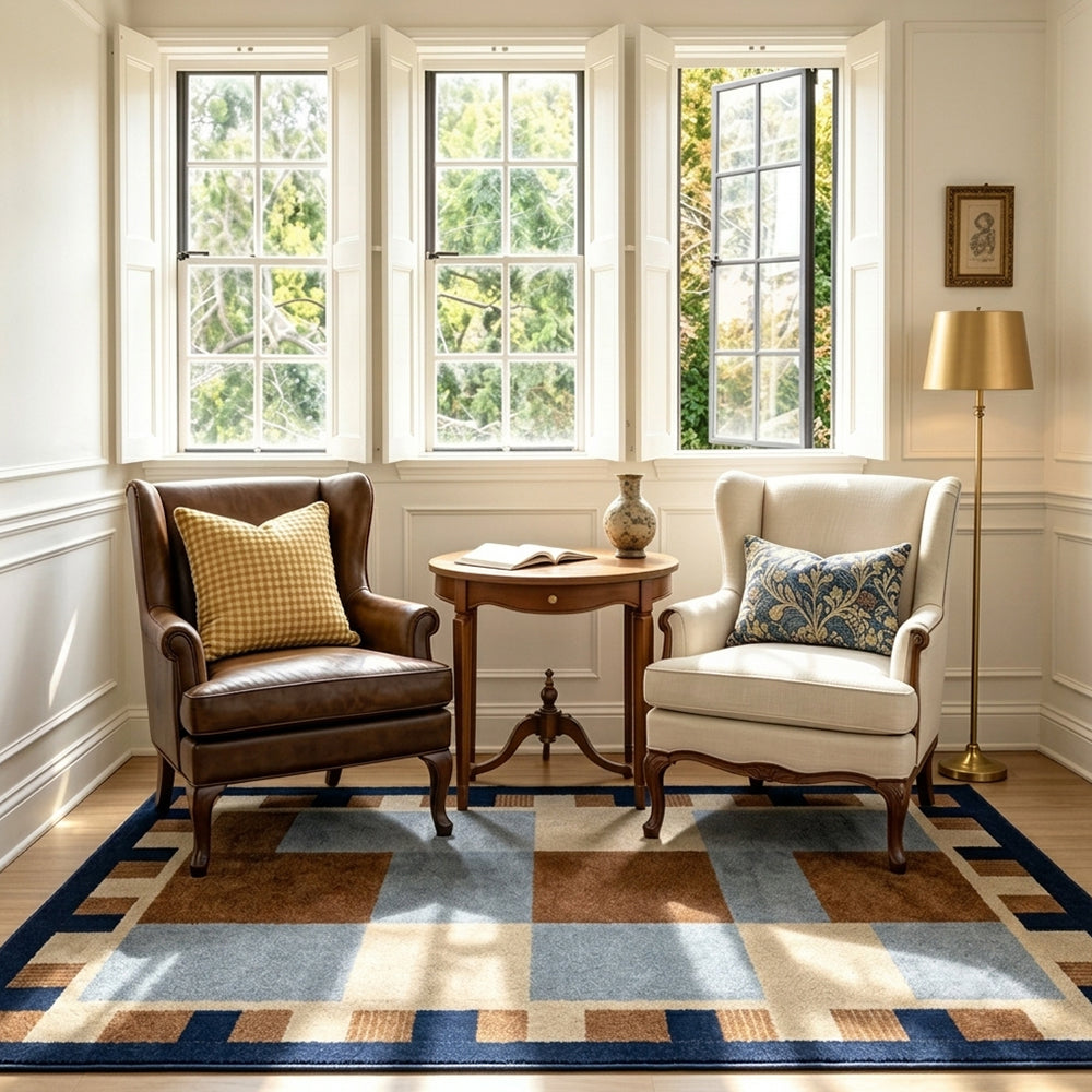 Kaelis Cream Slate Navy Block Grid Rug