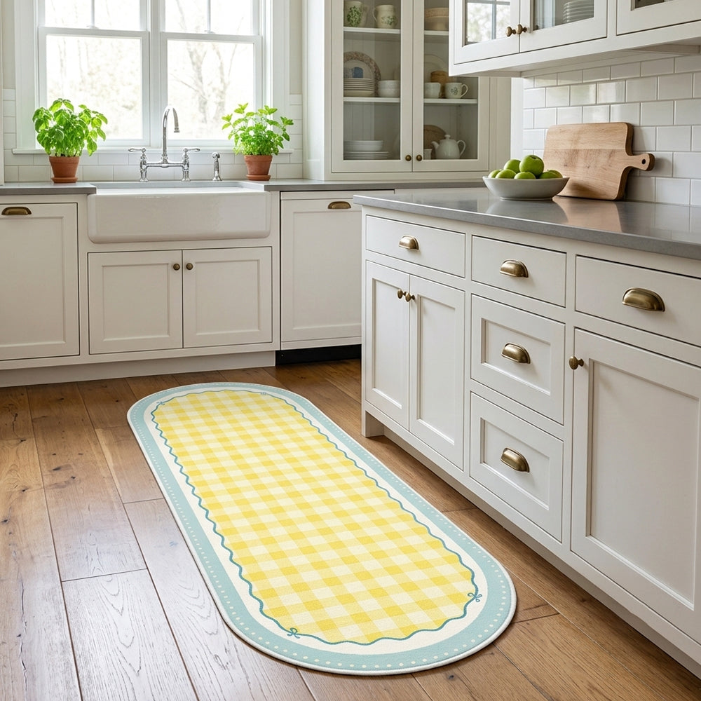 Kinsey Yellow White Gingham Double Scalloped Rug