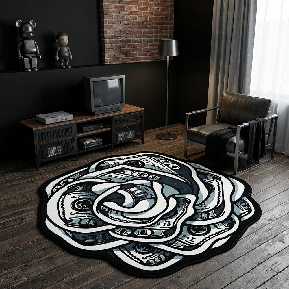 Monochrome Grey Banknote Rose Rug