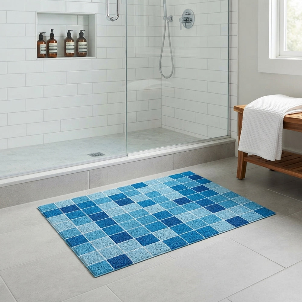 Light Dark Blue Square Mosaic Coil Bath Mat