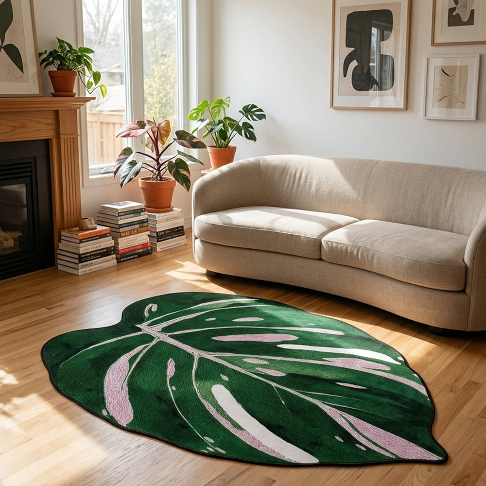 Mona Deep Emerald Dusty Blush Leaf Rug