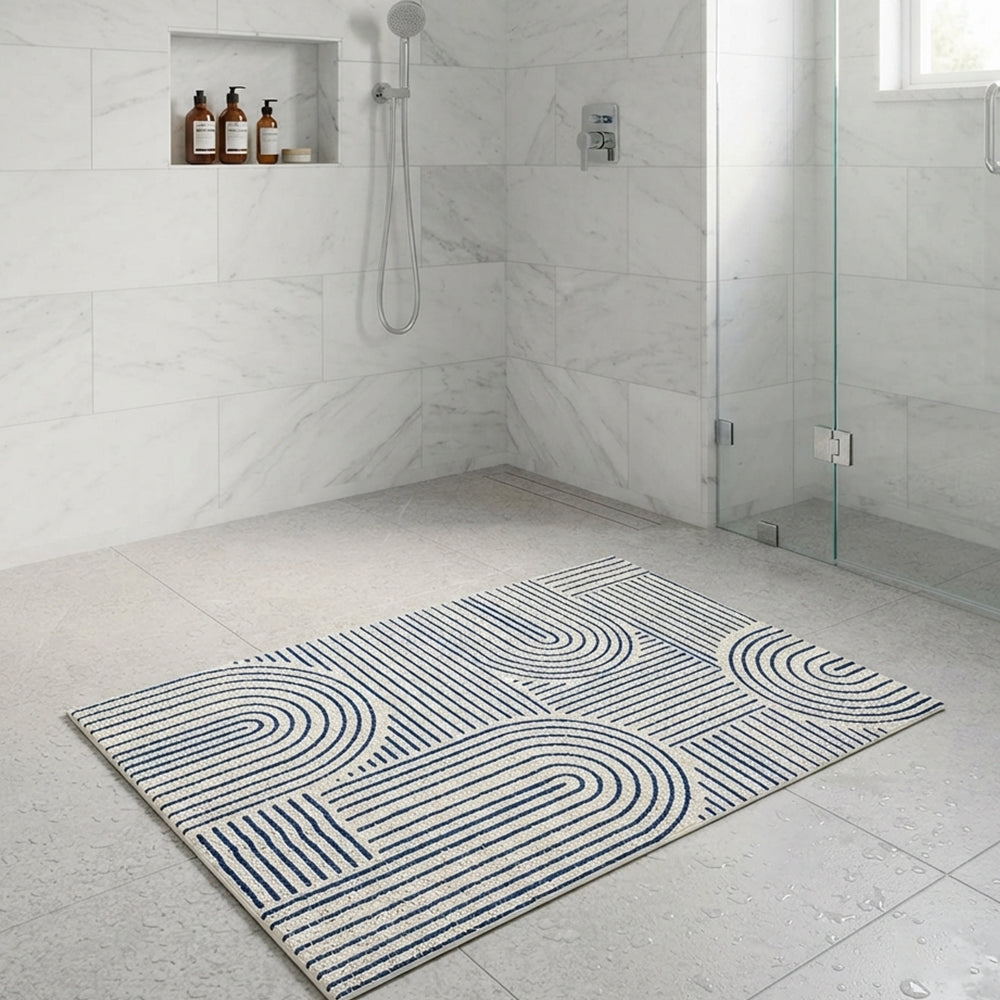 Navy White Curved Line Abstract Coil Bath Mat