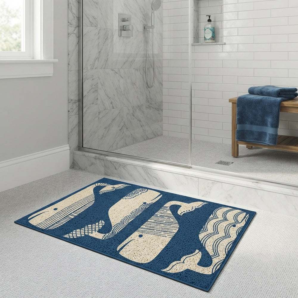 Navy White Geometric Whale Coil Bath Mat