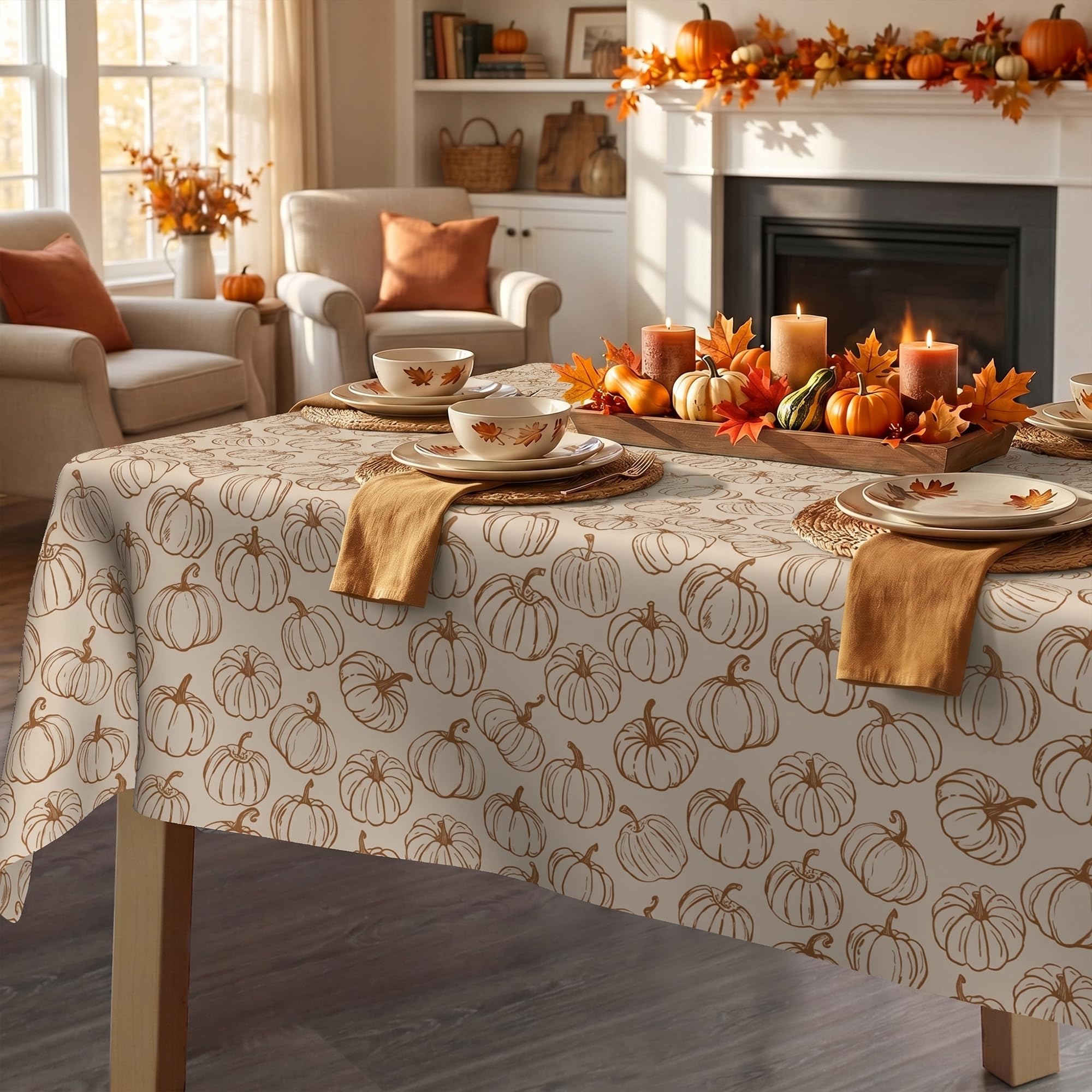 Neutral Line Art Pumpkin Tablecloth