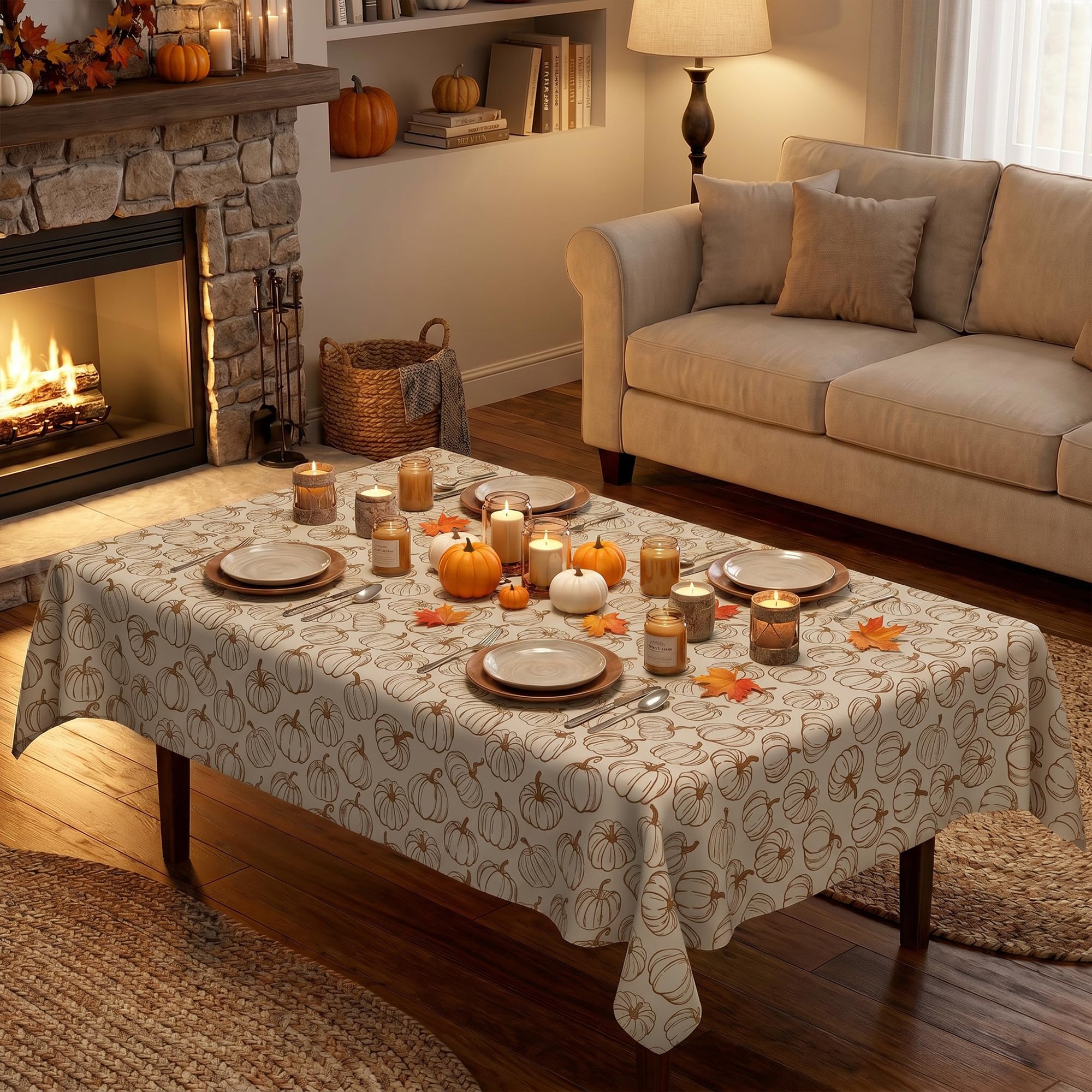 Neutral Line Art Pumpkin Tablecloth