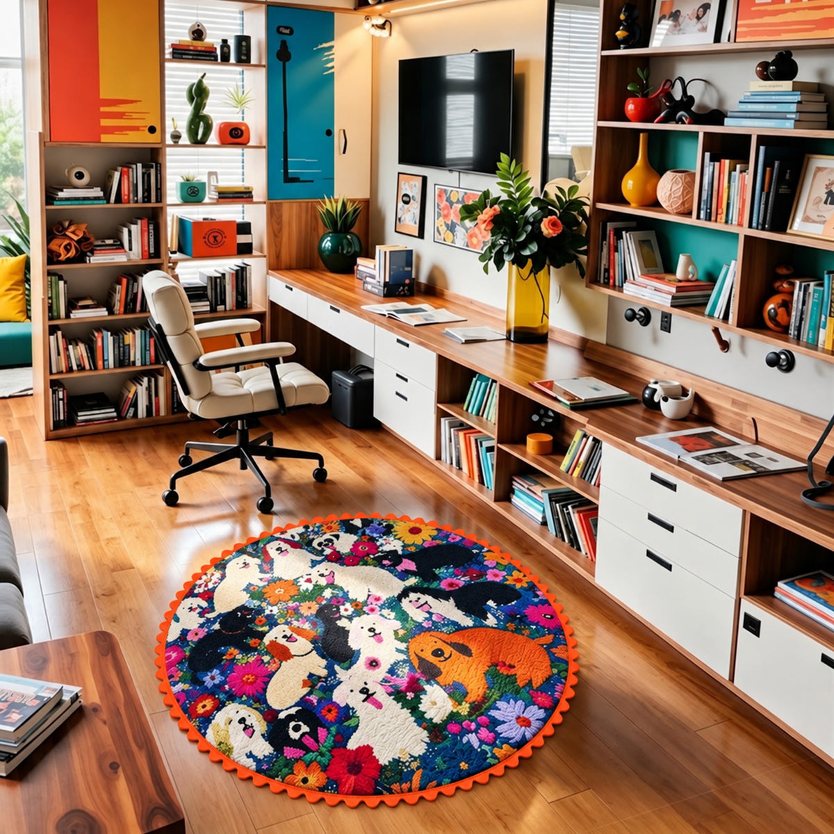 Orange Scalloped Border Colorful Dog Rug
